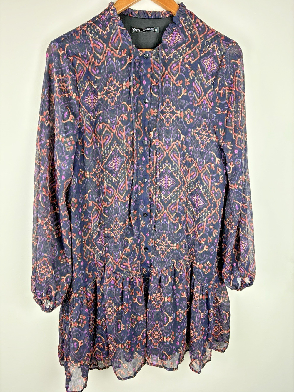 Zara Women’s M Abstract Ikat Print Ruffle Collar Button Front Mini Dress Boho